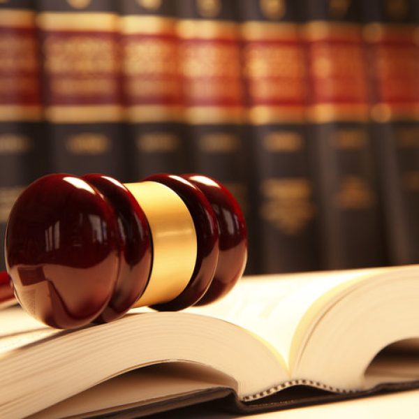 A wooden gavel rests on top of an open law book in front of a row of law books that is out of focus in the background. Photographed using a shallow depth of field.